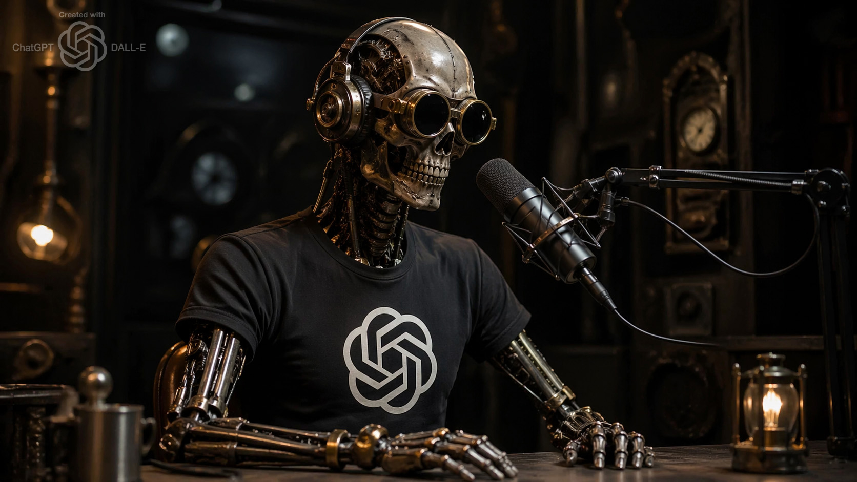 Steampunk robot at a microphone